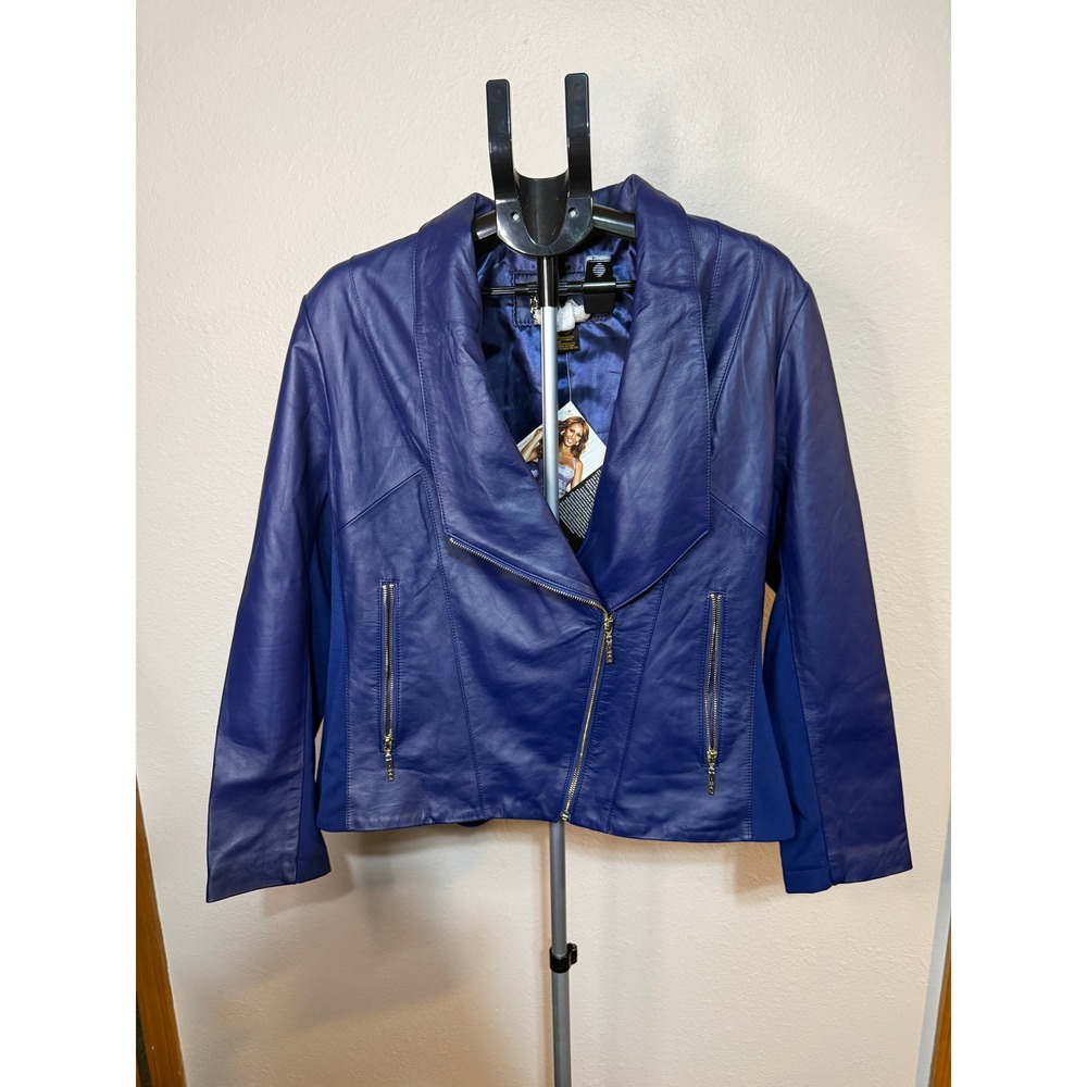 Iman Global Chic Royal Blue Leather Moto Jacket Platinum Collection Plus Size 2X